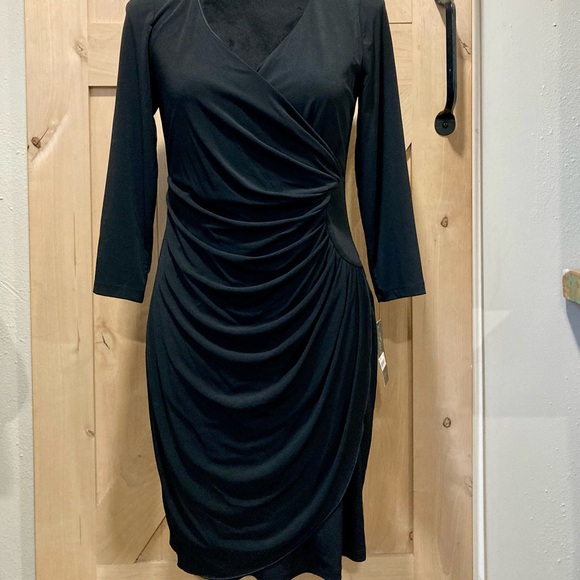 NOS Black Faux Wrap Dress Size Small Thalia Sodi 3/4 Length Sleeves V Neck - Picture 3 of 16